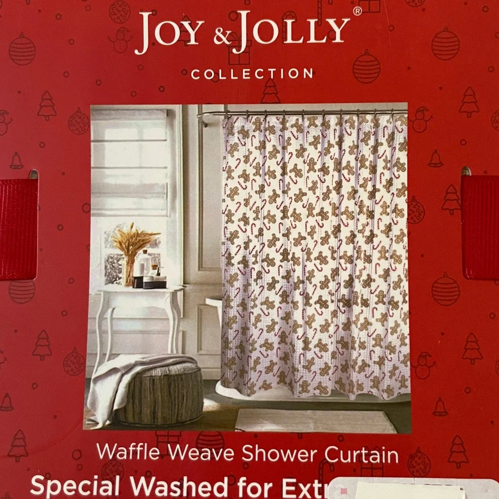 Joy & Jolly GINGERBREAD Shower Curtain 72x72 Christmas Candy Cane Waffle Weave